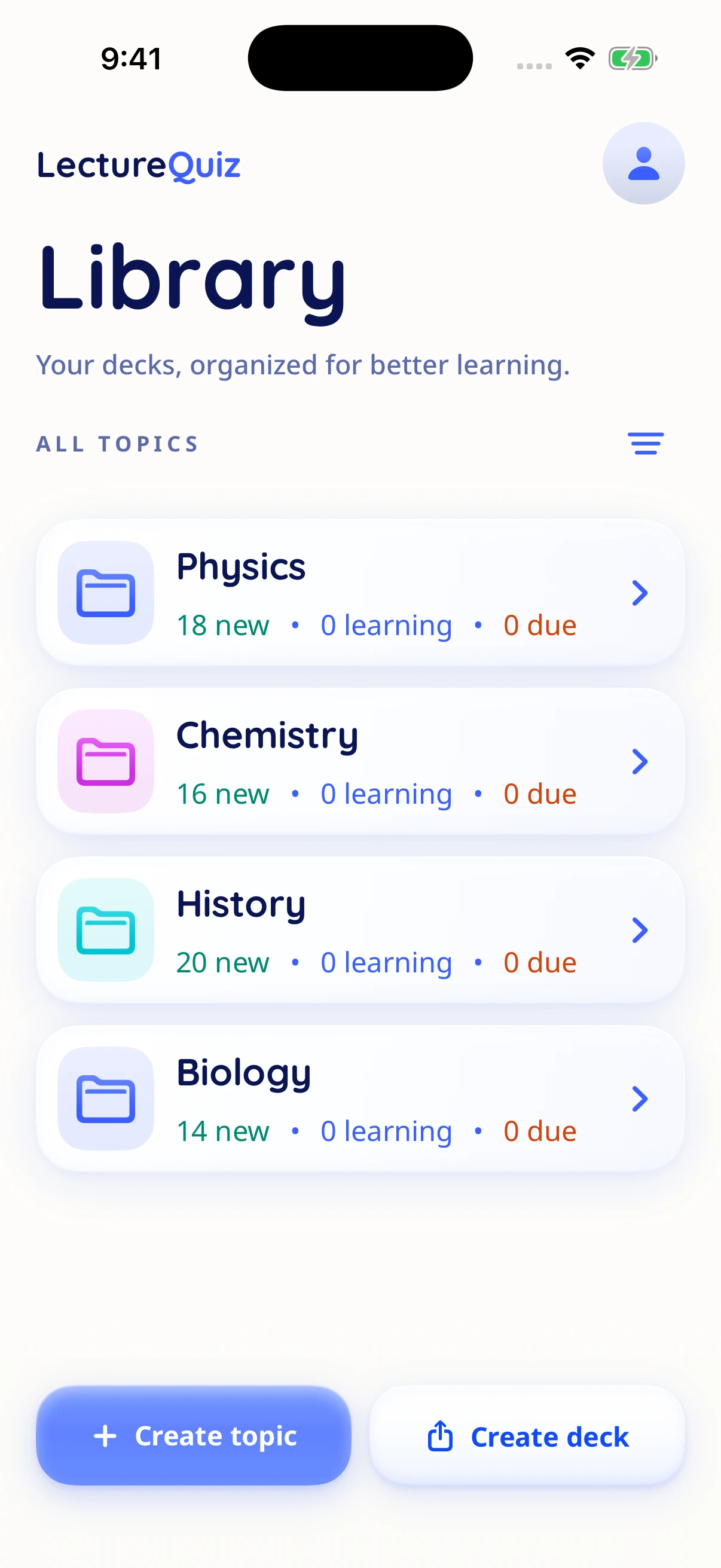 The LectureQuiz iPhone app, with Physics, Chemistry, History and Biology decks organized in the Library.