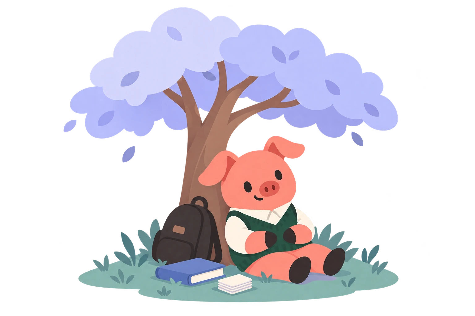 Pip sits peacefully beneath a tree, with a closed book beside him and room to enjoy the day.